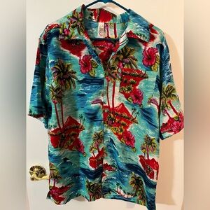 India, boutique Large men’s Red Blue Hawaiian Shirt tropical, palm trees, ocean